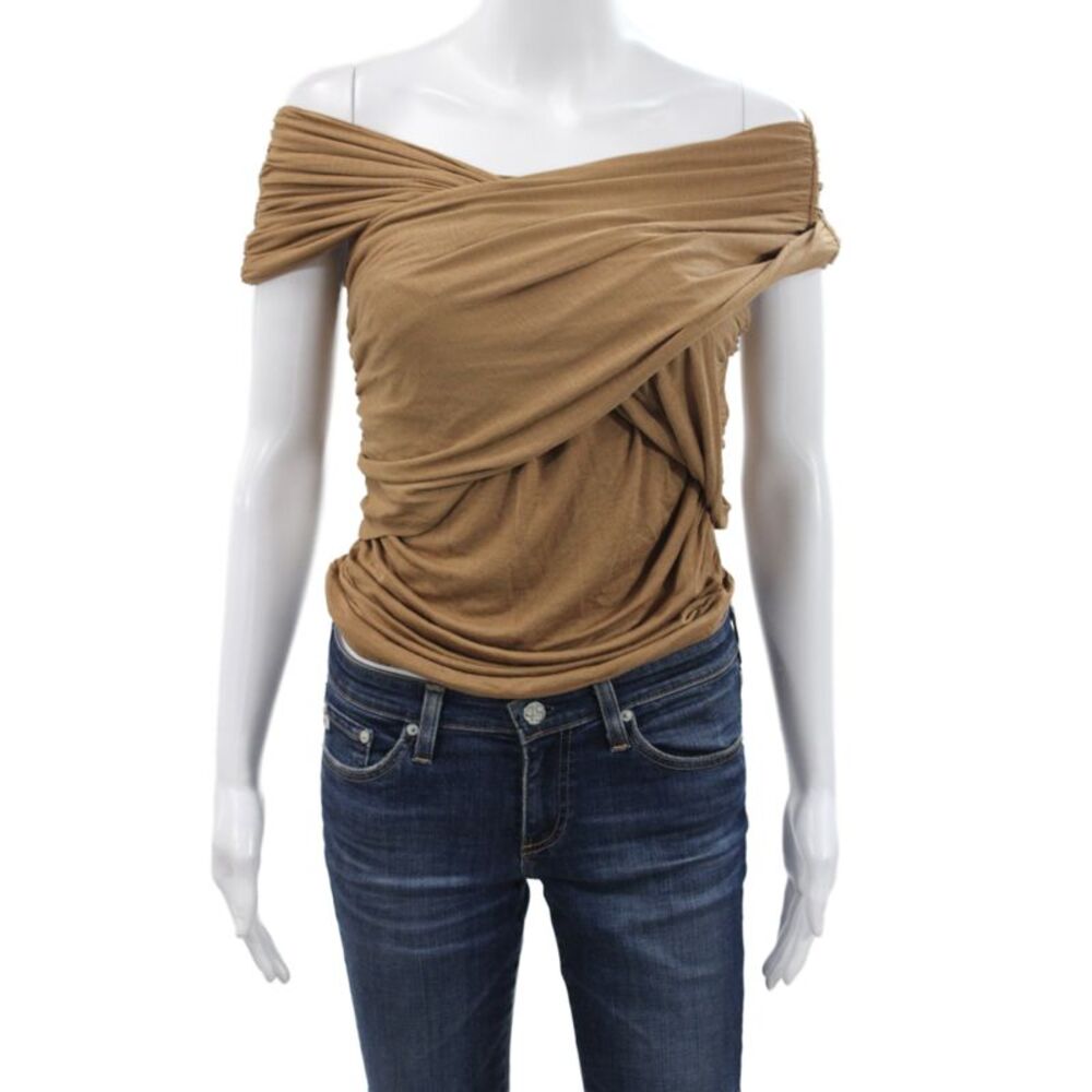 Marcella Women Jersey Off the Shoulder Brown Blouse Short Sleeve Size M